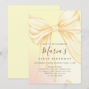 Elegant Custom Yellow Bow First Birthday Invitation