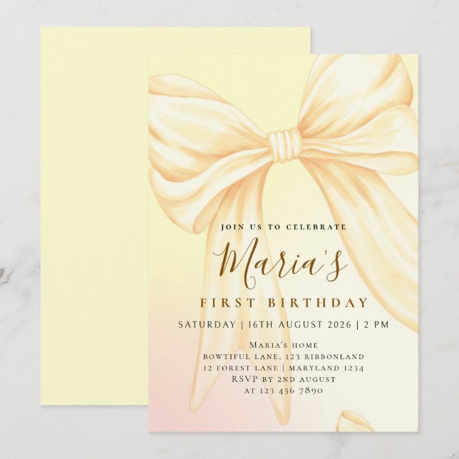 Elegant Custom Yellow Bow First Birthday Invitation (Front/Back)
