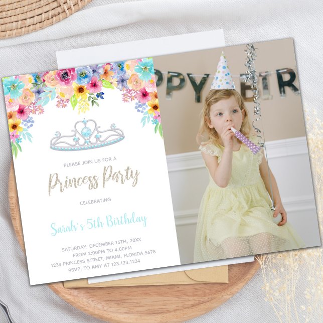 Elegant Customisable Princess Party Invitations (Crown Floral Princess Birthday Invitations w photo)