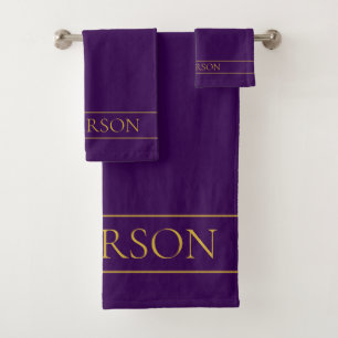 Elegant Customisable Text Gold & Deep Purple Bath Towel Set