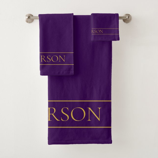 Elegant Customisable Text | Gold & Deep Purple Bath Towel Set (Insitu)