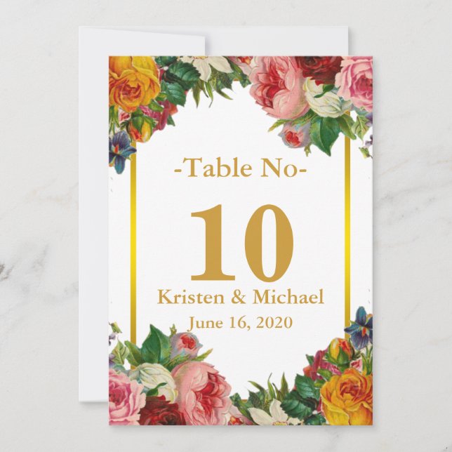 Elegant Customise Floral Gold Wedding Table Number (Front)