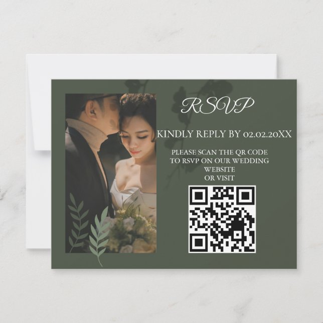 Elegant customizable olive green wedding  RSVP card (Front)