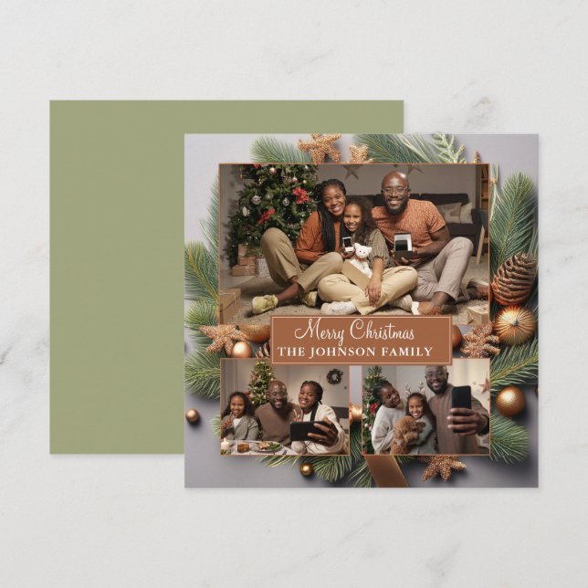 Elegant Cute 3 Photo Family Christmas Evergreen Holiday Card (Front/Back)