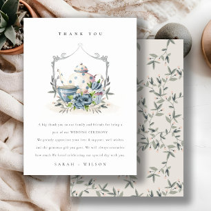 Elegant Cute Aqua Blue Floral Teapot Crest Wedding Thank You Card