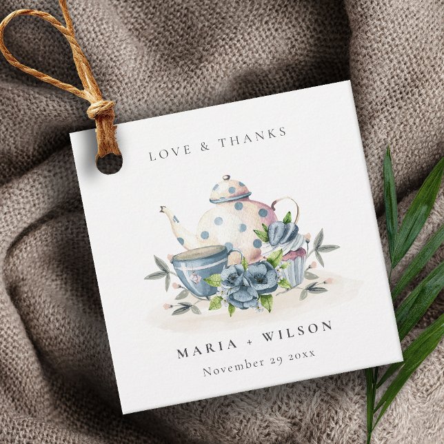 Elegant Cute Aqua Blue Floral Teapot Cup Wedding Favour Tags (Creator Uploaded)