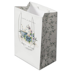 Elegant Cute Aqua Blue Floral Teapot Cup Wedding Medium Gift Bag
