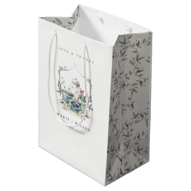 Elegant Cute Aqua Blue floral Teapot Cup Wedding Medium Gift Bag (Back Angled)