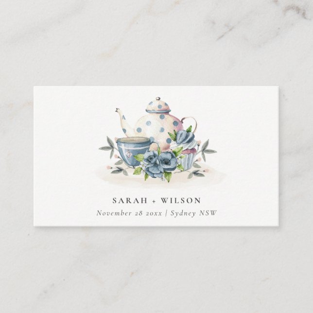 Elegant Cute Aqua Blue floral Teapot Cup Wedding Place Card (Front)