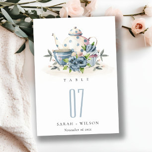 Elegant Cute Aqua Blue floral Teapot Cup Wedding Table Number