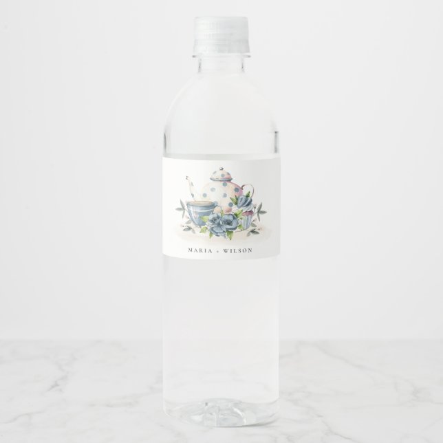Elegant Cute Aqua Blue Floral Teapot Cup Wedding Water Bottle Label (Front)