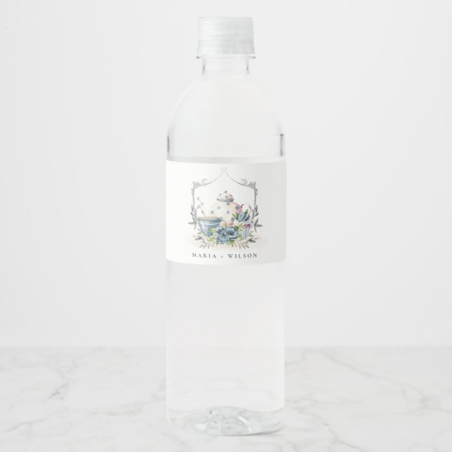 Elegant Cute Aqua Blue floral Teapot Cup Wedding Water Bottle Label (Front)