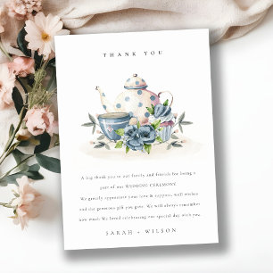 Elegant Cute Aqua Blue Floral Teapot Cups Wedding Thank You Card