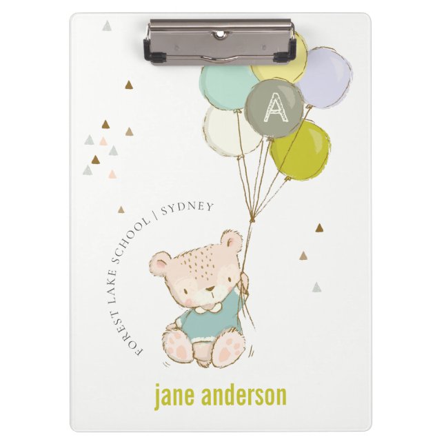 Elegant Cute Blue Bear Balloon Boys Monogram Clipboard (Front)