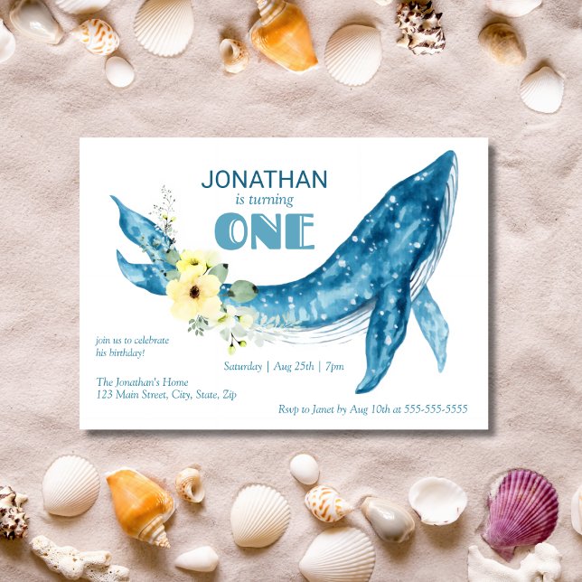 Elegant Cute Blue Whale Yellow Floral 1st Birthday Invitation (Creator Uploaded)