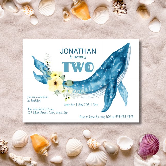 Elegant Cute Blue Whale Yellow Floral 2nd Birthday Invitation (Creator Uploaded)