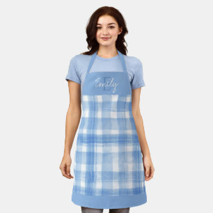 Elegant Cute Blue White Plaid Christmas Apron
