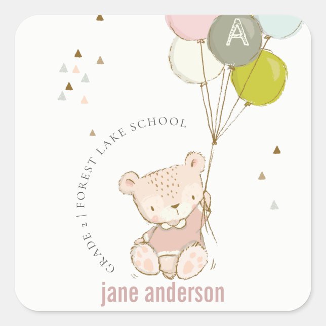 Elegant Cute Blush Bear Balloon Kids Monogram Square Sticker (Front)
