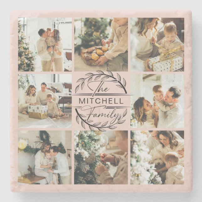 Elegant Cute Blush Pink Modern Family Name Photo Stone Coaster (Front)