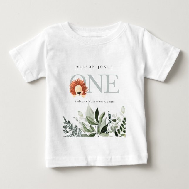 Elegant Cute Boho Lion Foliage 1st First Birthday Baby T-Shirt (Front)