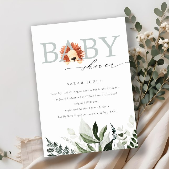 Elegant Cute Boho Lion Foliage Baby Shower Invite (Creator Uploaded)