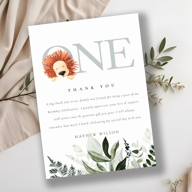Elegant Cute Boho Lion Foliage First Birthday Thank You Card (Creator Uploaded)