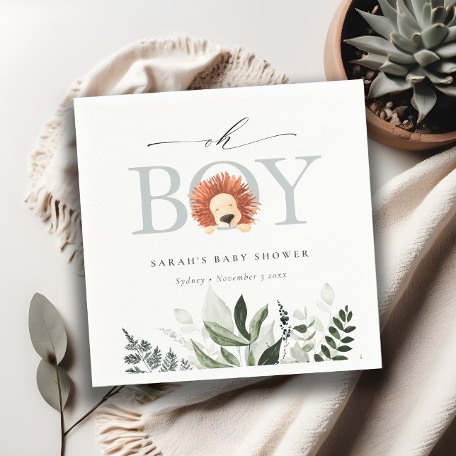 Elegant Cute Boho Lion Foliage Oh Boy Baby Shower Napkin (Creator Uploaded)