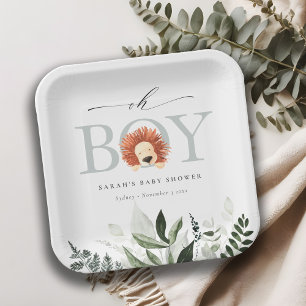 Elegant Cute Boho Lion Foliage Oh Boy Baby Shower Paper Plate