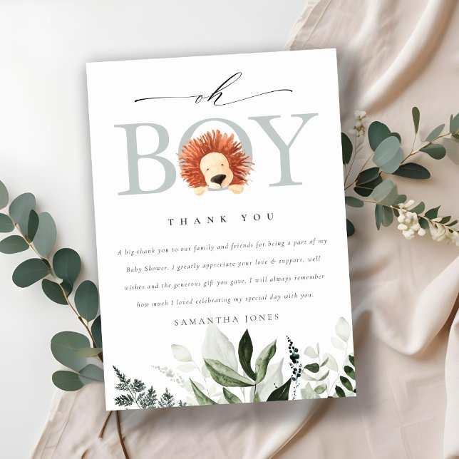 Elegant Cute Boho Lion Foliage Oh Boy Baby Shower Thank You Card (Creator Uploaded)