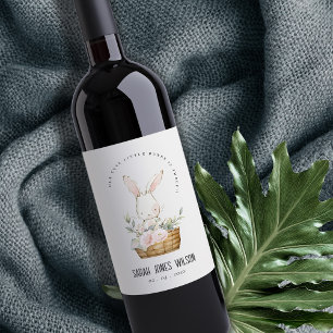 Elegant Cute Bunny In Floral Basket Kids Birthday Wine Label