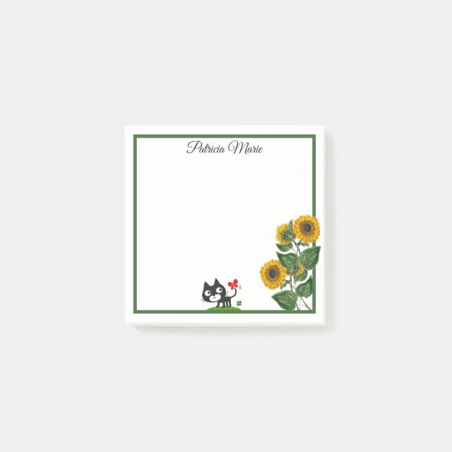 Elegant Cute Cat And Yellow Sunflower Personalised Post-it Notes (Front)
