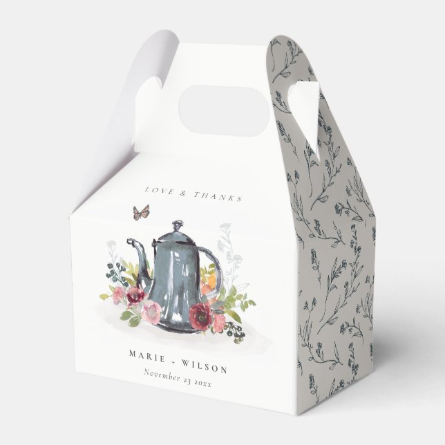 Elegant Cute Cheerful Roses Floral Teapot Wedding  Favour Box (Front Side)