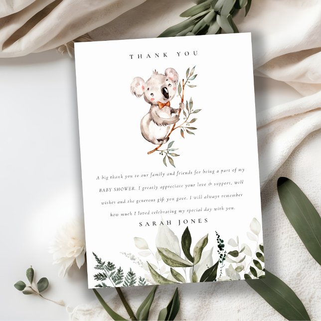 Elegant Cute Cuddly Koala Foliage Baby Shower Thank You Card (Creator Uploaded)