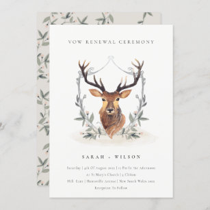 Elegant Cute Deer Floral Crest Vow Renewal Invite