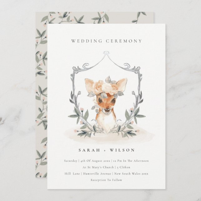 Elegant Cute Deer Floral Crest Wedding Invite (Front/Back)