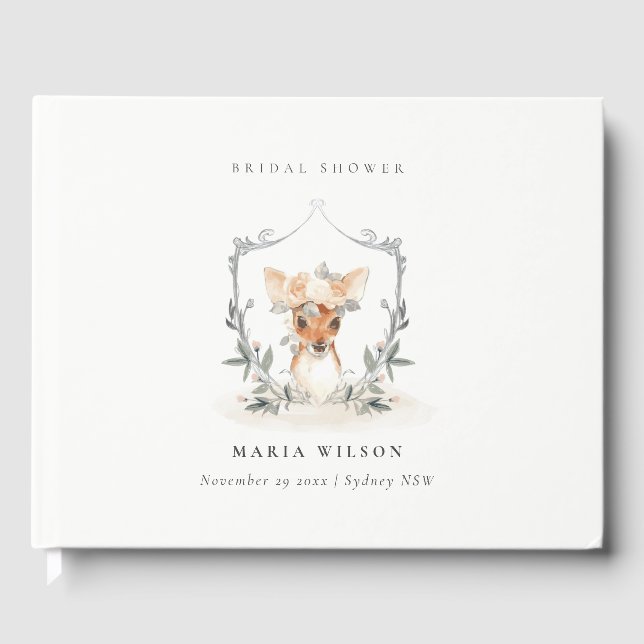Elegant Cute Dusky Deer Floral Crest Bridal Shower Guest Book (Front)