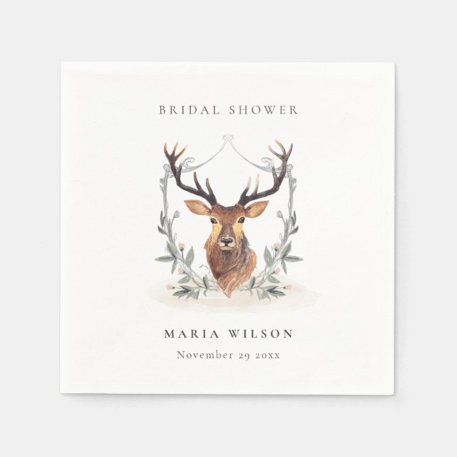 Elegant Cute Dusky Deer Floral Crest Bridal Shower Napkin (Front)