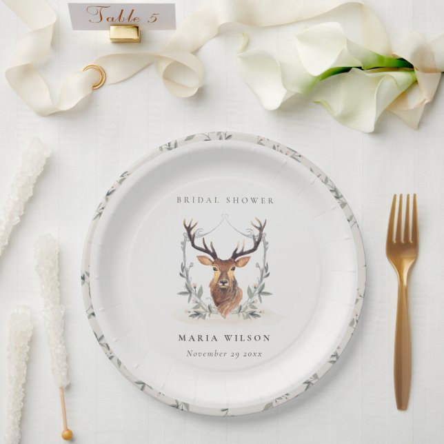 Elegant Cute Dusky Deer Floral Crest Bridal Shower Paper Plate (Wedding)