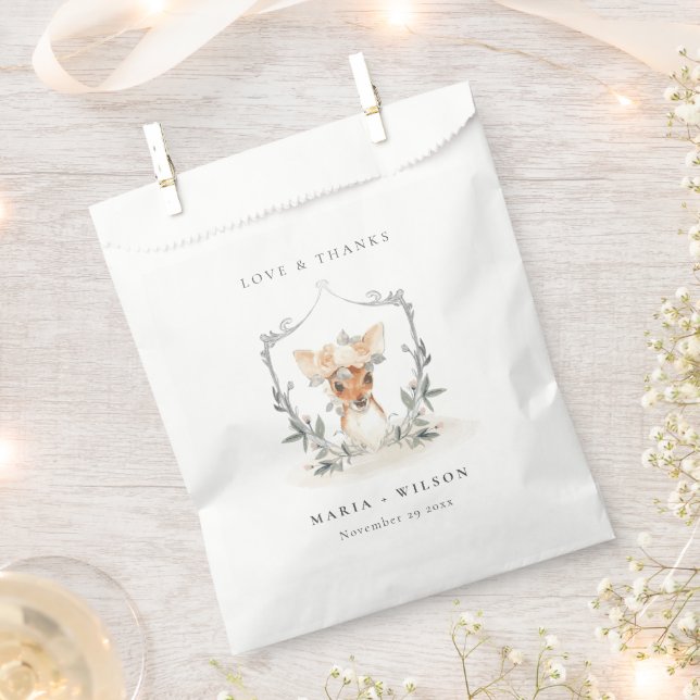 Elegant Cute Dusky Deer Floral Crest Wedding Favour Bags (Clipped)