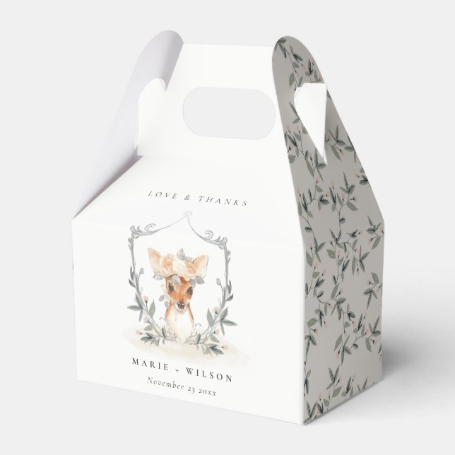 Elegant Cute Dusky Deer Floral Crest Wedding  Favour Box (Front Side)