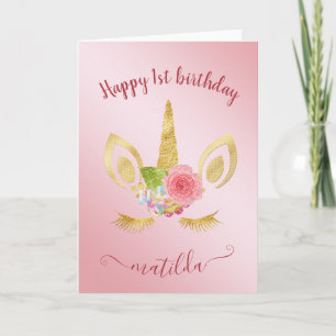 Elegant cute first birthday gold glitter unicorn card