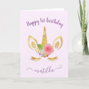 Elegant cute first birthday gold glitter unicorn card