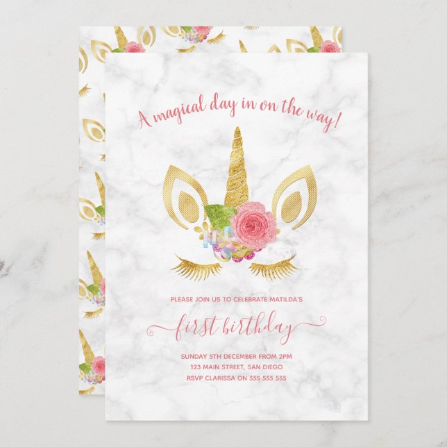 Elegant cute first birthday gold glitter unicorn invitation (Front/Back)