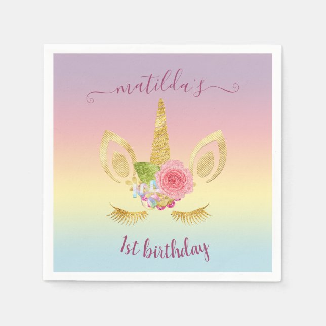 Elegant cute first birthday gold glitter unicorn napkin (Front)