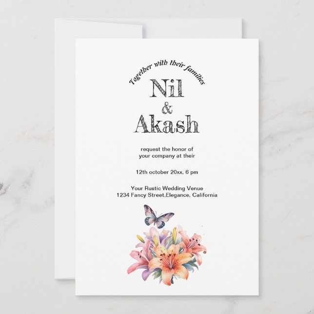 Elegant Cute Floral & Butterfly Design Invitation (Front)