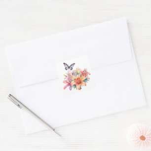 Elegant Cute Floral & Butterfly Design Square Sticker