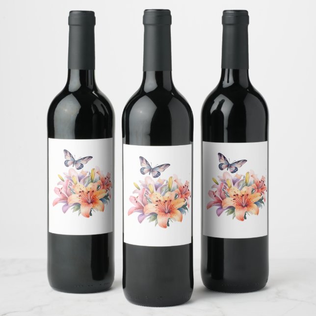Elegant Cute Floral & Butterfly Design Wine Label (Bottles)