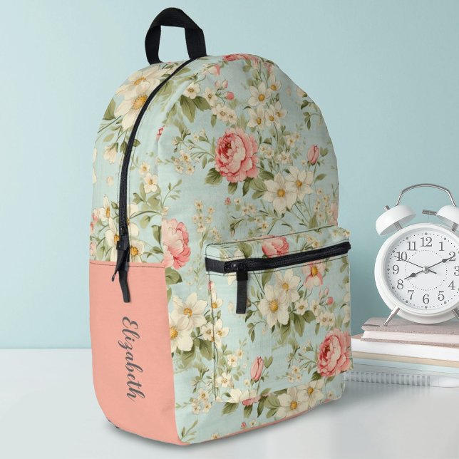 Elegant Cute Floral Girls Monogram Printed Backpack (A pretty shabby chic rose pattern decorates this school backpack. Personalize it with your name.)