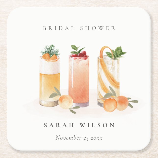 Elegant Cute Fruit Cocktail Orange Bridal Shower Square Paper Coaster (Front)