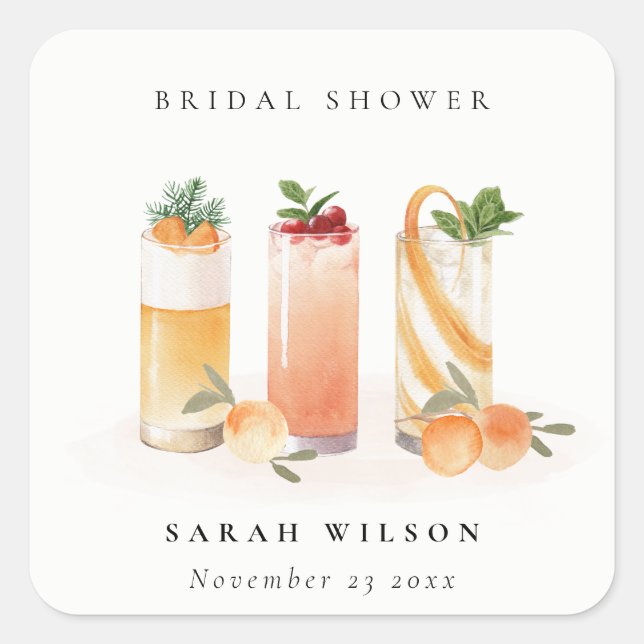 Elegant Cute Fruit Cocktail Orange Bridal Shower Square Sticker (Front)